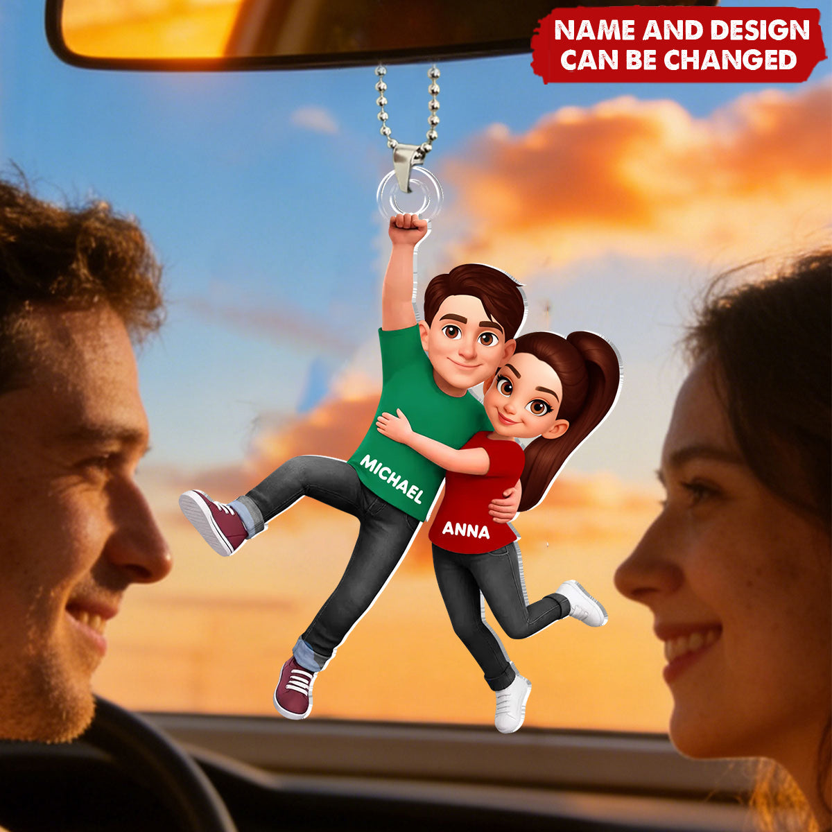 Personalized Flying Couple Car Hanger Ornament With Names & Design | Romantic Anniversary Valentine's Day Gift For Couple & Partner