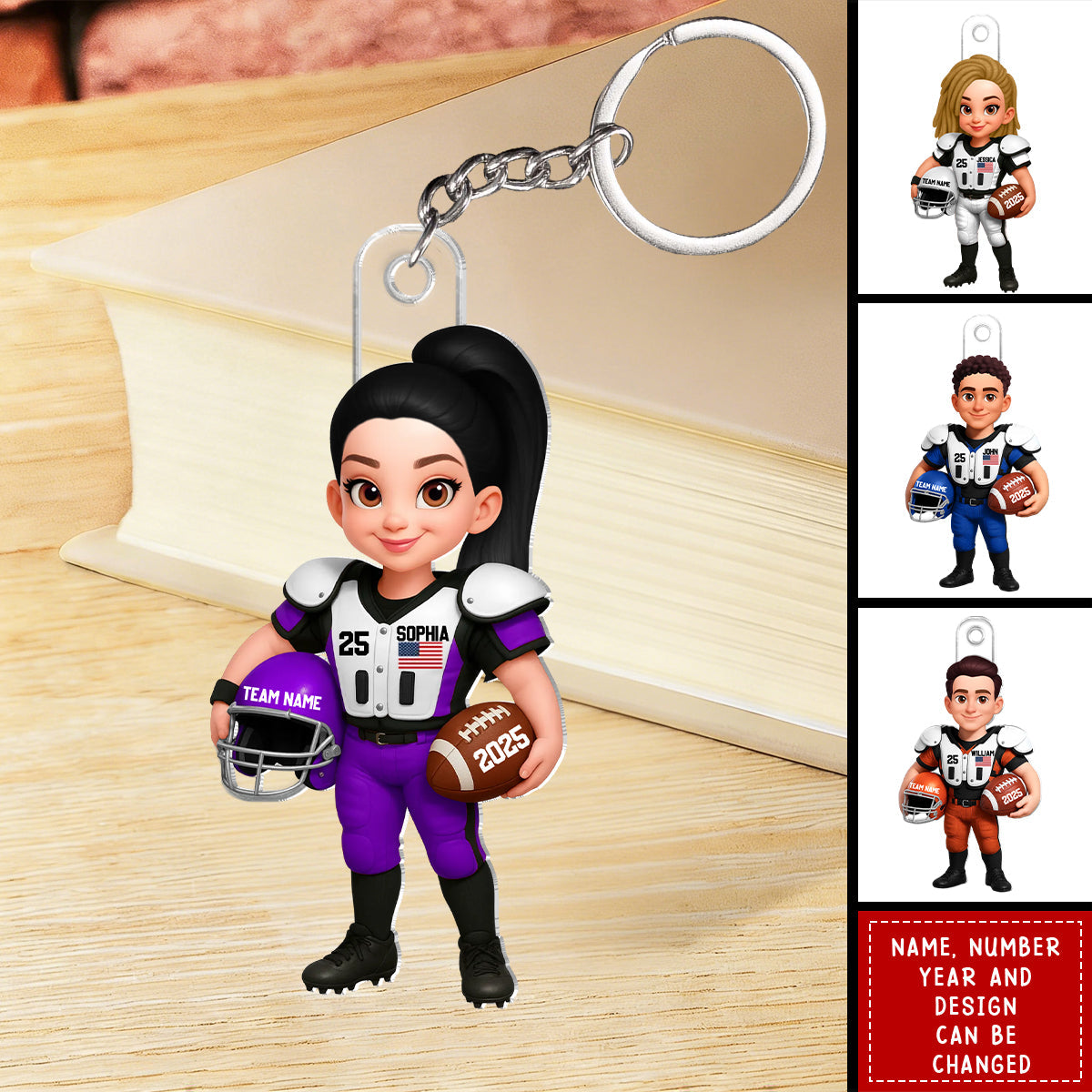 Personalized 3D Effect Proud American Football Player Keychain With Names & Design & Number & Year | Meaningful Birthday Gift For Girls Boys Athletes