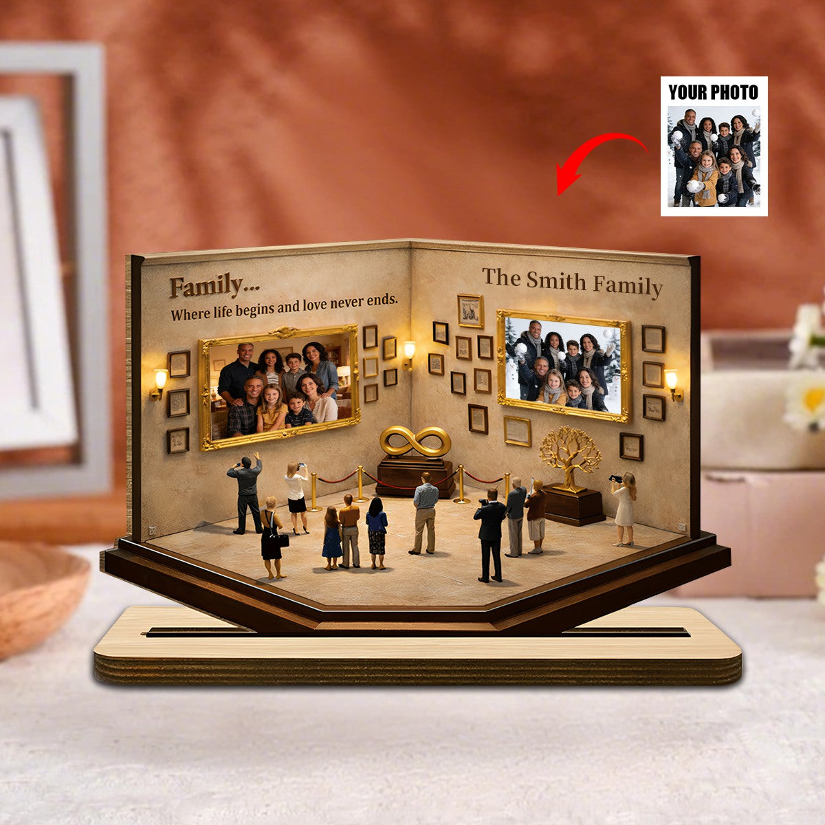Personalized 3D Effect Family Museum Photo Display Wood Plaque With Names - Ideal Gift For Family
