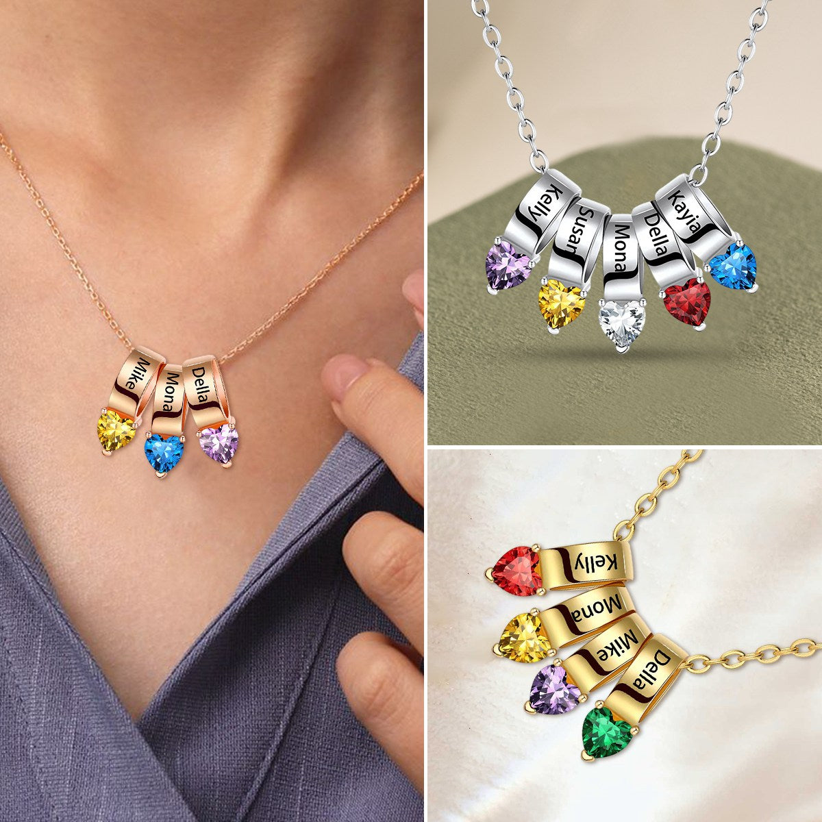 Personalized 1-5 Names Heart Birthstone Necklace for Women for Grandma for Her