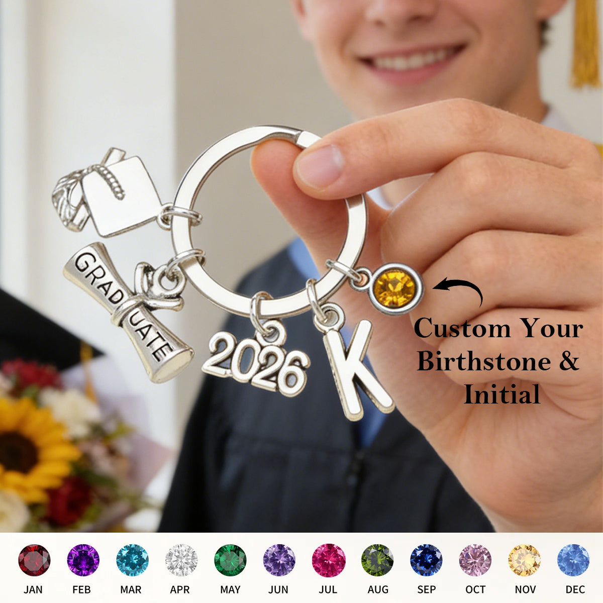 Personalized Graduation Keychain With Letter & Birthstone | Graduate Gift For Daughter Son