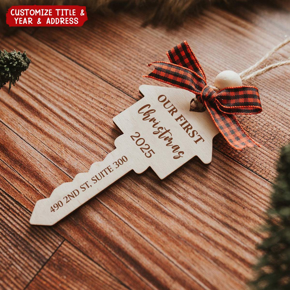 Our First Home Christmas Wooden Engraved Key Ornament - House Warming Gift