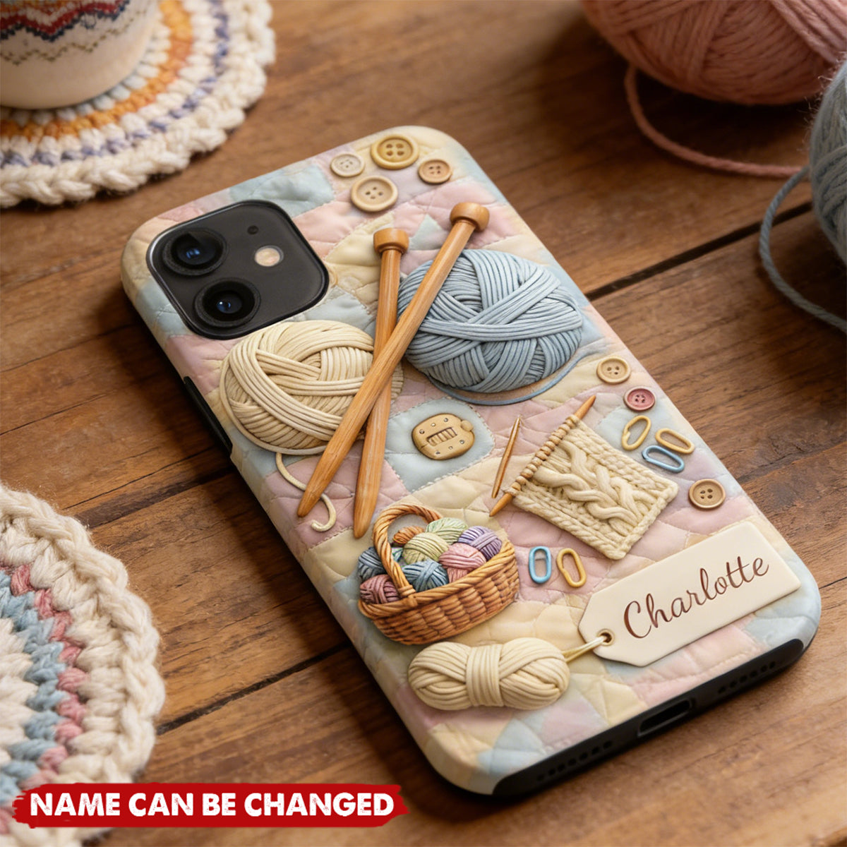 Personalized Knitting & Crochet Pattern Sewing Phone Case With Name & Yarn Ball Design - Creative Mother's Day Gift For Grandma Mom