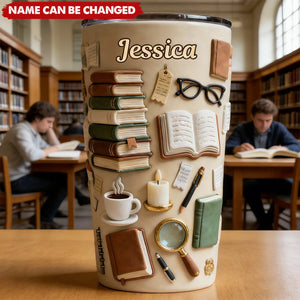 Personalized Insulated Spill-Proof Stack Of Books Tumbler Cup With Name -  Creative Birthday Gift For Book Lovers & Librarians