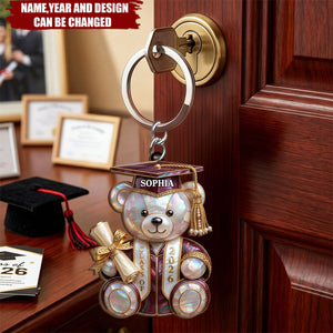 Personalized Graduation Bear Wood Keychain With Name & Color |  Graduation Gift For Daughter Son