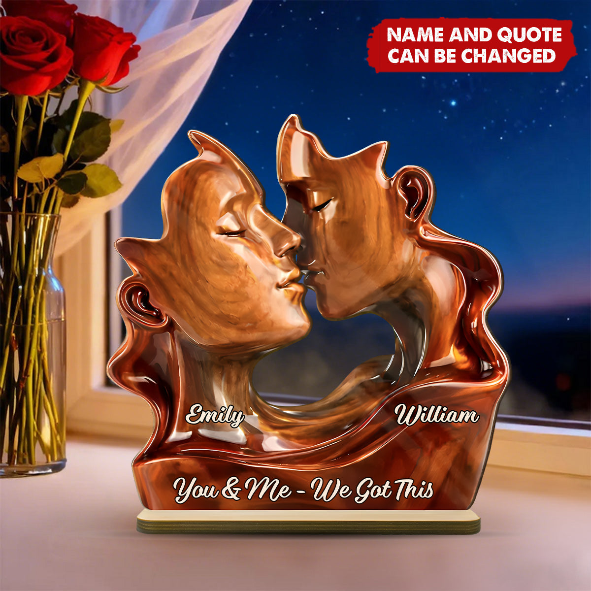 Personalized Couple Kissing Silhouette 2-Layered Wooden Plaque With Names & Quote - Valentine's Day Anniversary Gift For Husband Or Wife