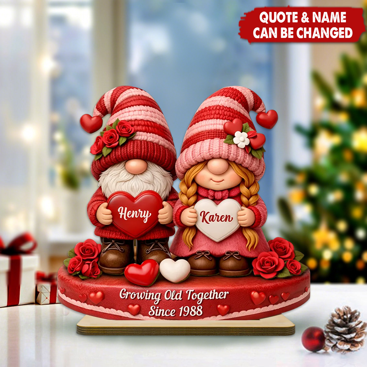 Personalized Cute Gnome Couple Plaque With Names & Quote | Romantic Growing Old Together Valentine's Day Gift For Couple