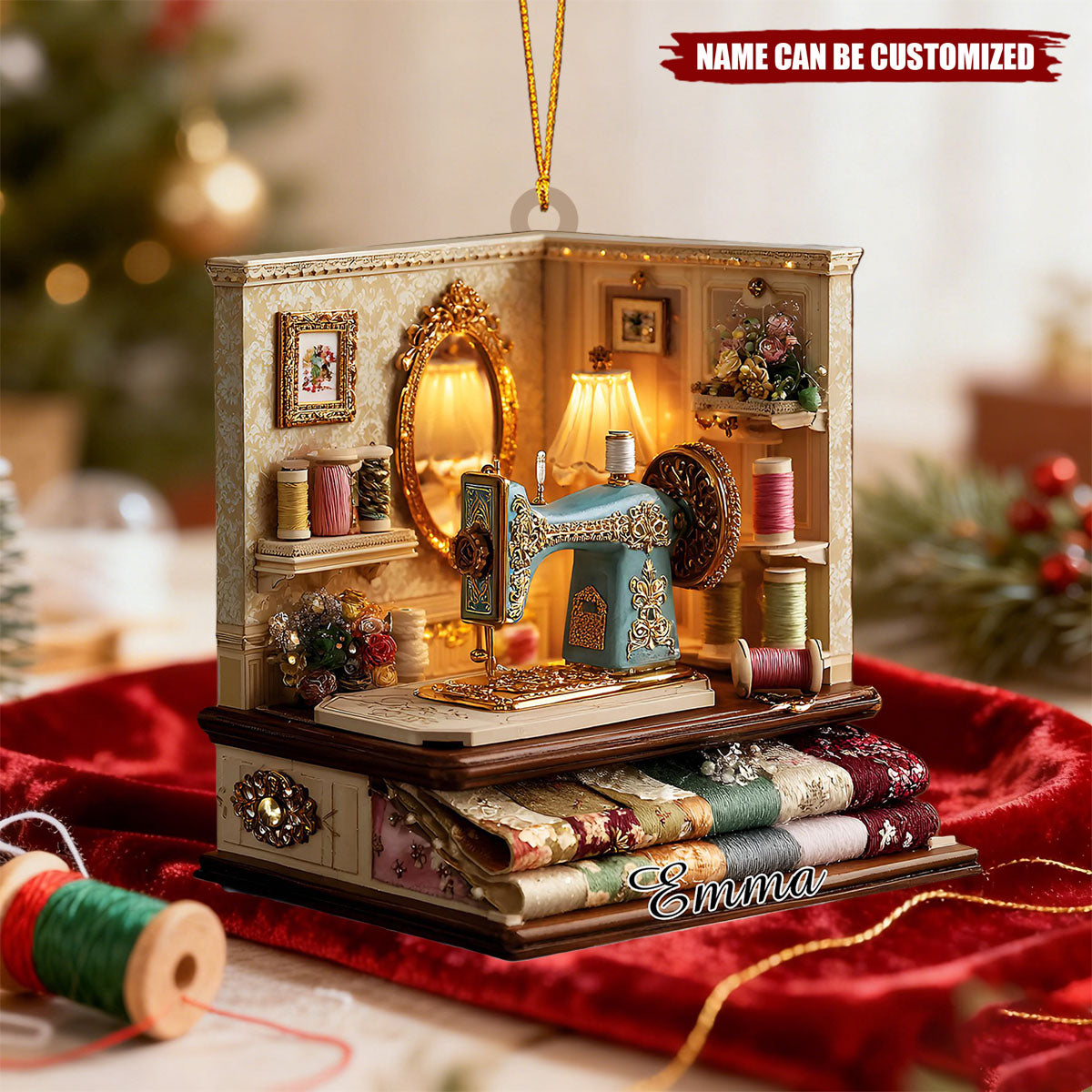 Personalized Vintage Sewing Room Diorama 3D Effect Ornament With Name - Christmas Gift | Keepsake For Seamstresses Mom & Grandma