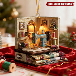 Personalized Vintage Sewing Room Diorama 3D Effect Ornament With Name - Christmas Gift | Keepsake For Seamstresses Mom & Grandma