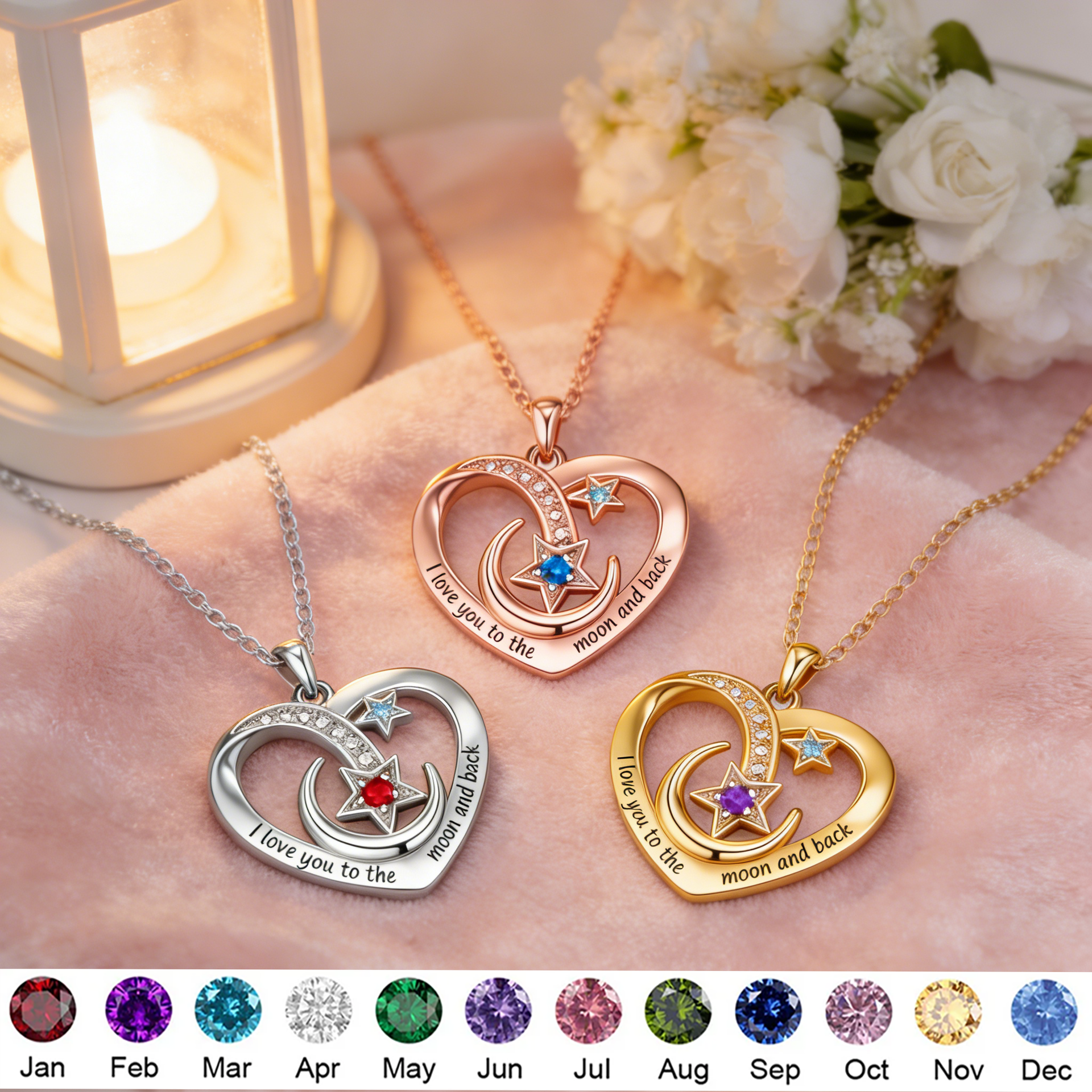 Personalized Engraved Moon & Star Heart Necklace With Birthstone & Text | Mother's Day Gift For Mom