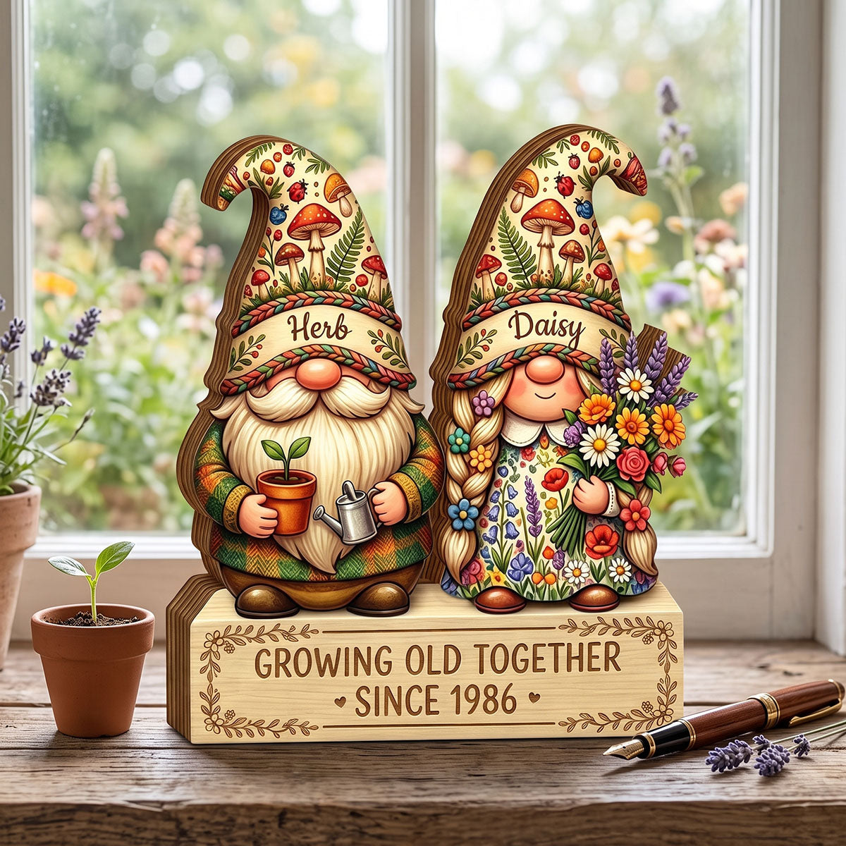 "Growing Old Together" Personalized Wooden Block - Anniversary Gift For Couples Grandparents