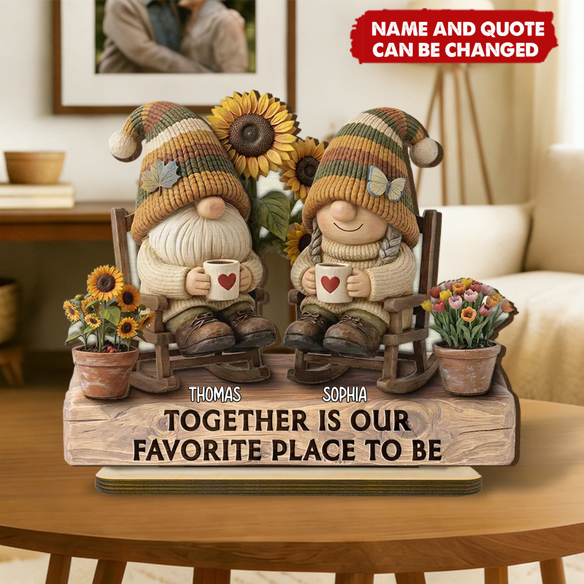 Personalized 3D Effect Gnome Couple Grow Old Together Wooden Plaque With Custom Names & Quote | Romantic Anniversary Gift For Couple Spouse