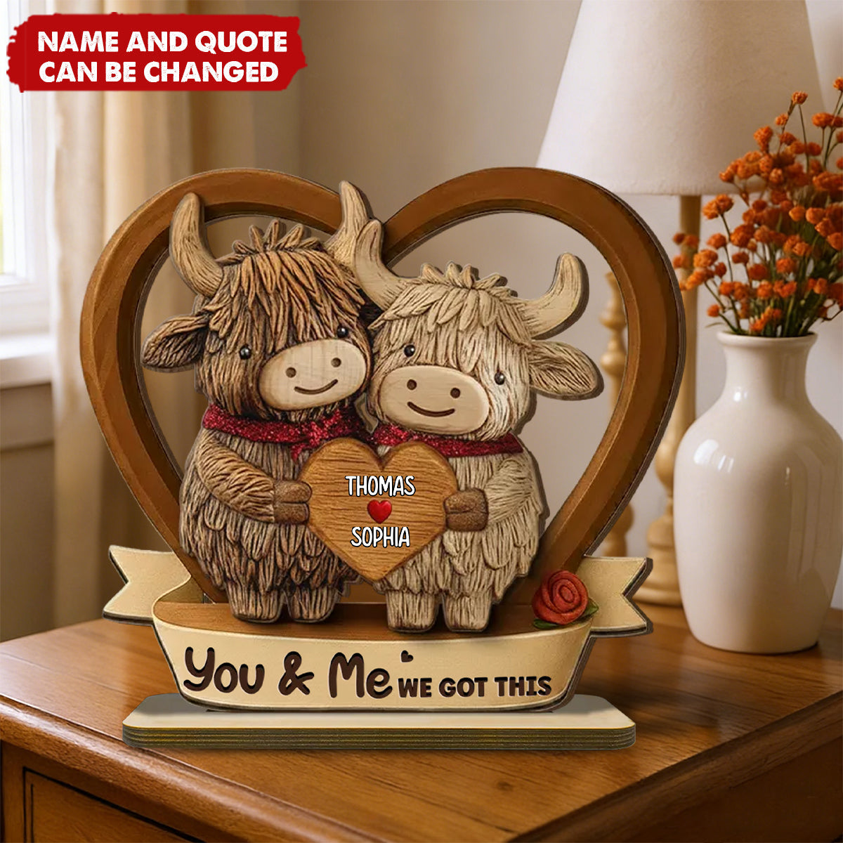 Personalized 3D Effect Highland Cows Couple Heart Plaque With  Names & Quote | Rustic Anniversary Valentine Gift For Couple