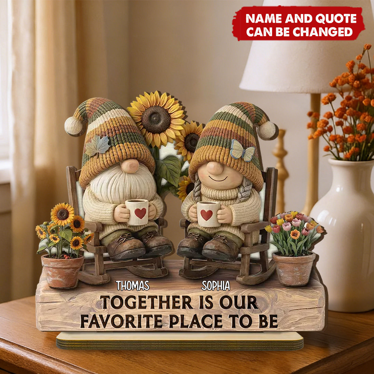 Personalized 3D Effect Gnome Couple Grow Old Together Wooden Plaque With Custom Names & Quote | Romantic Anniversary Gift For Couple Spouse