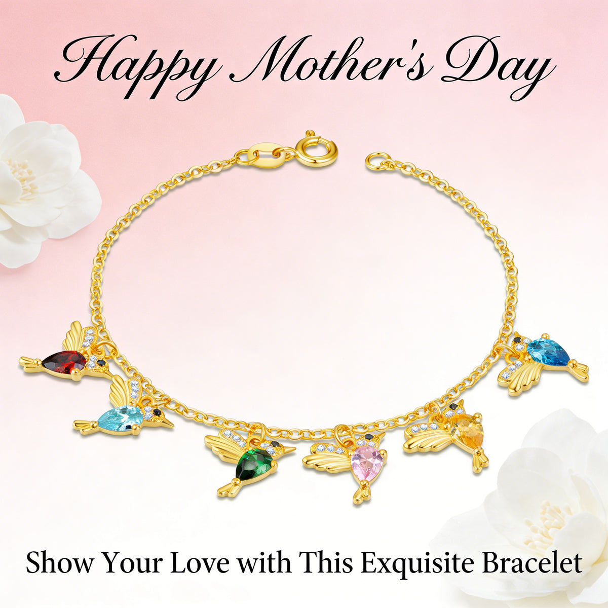 Personalized Hummingbird Birthstone Bracelet With 1-6 Stones | Mother's Day Gift For Mom & Family