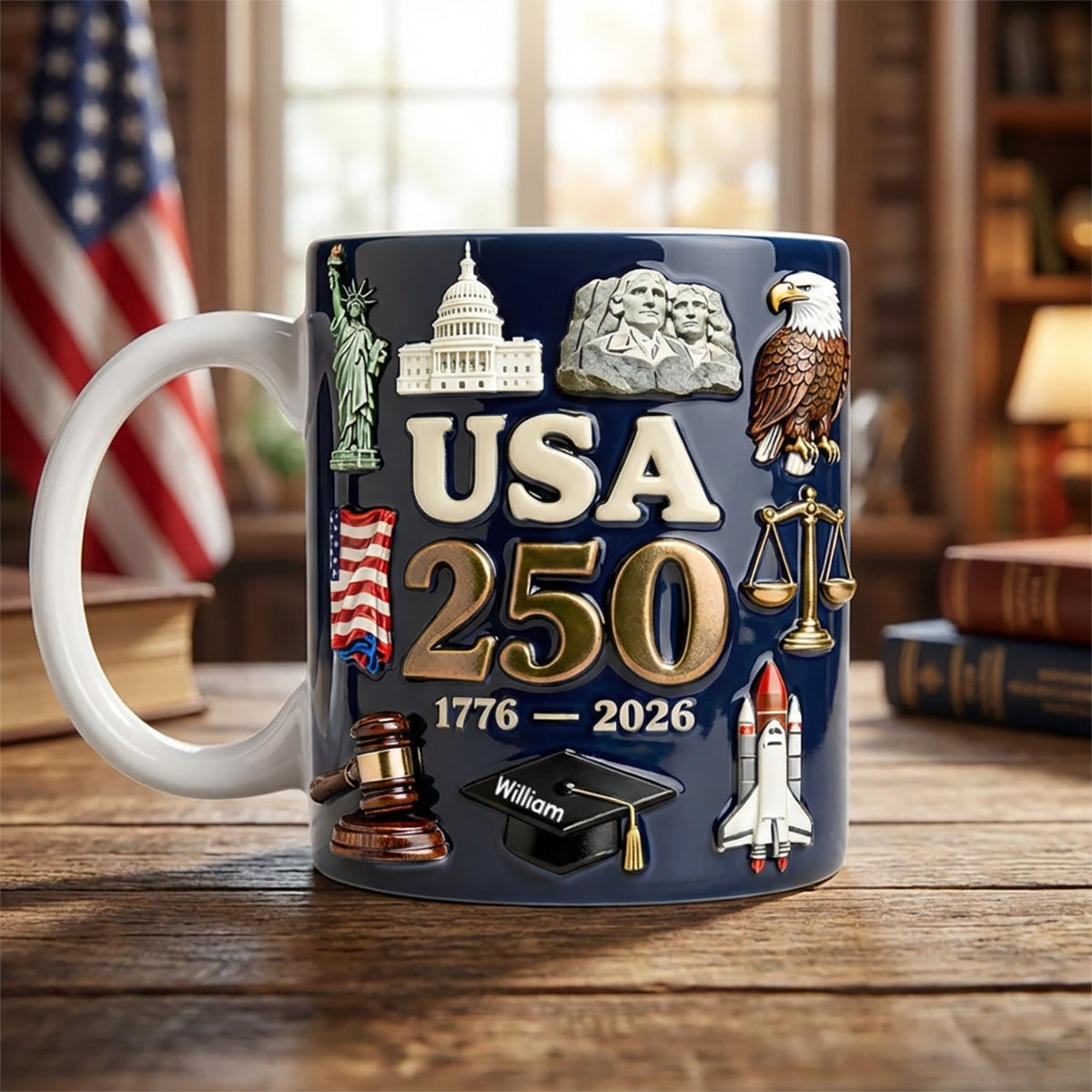 Personalized 3D Effect USA 250th Coffee Mug | Custom Name Patriotic Gift For 2026, 4th of July, History Lovers