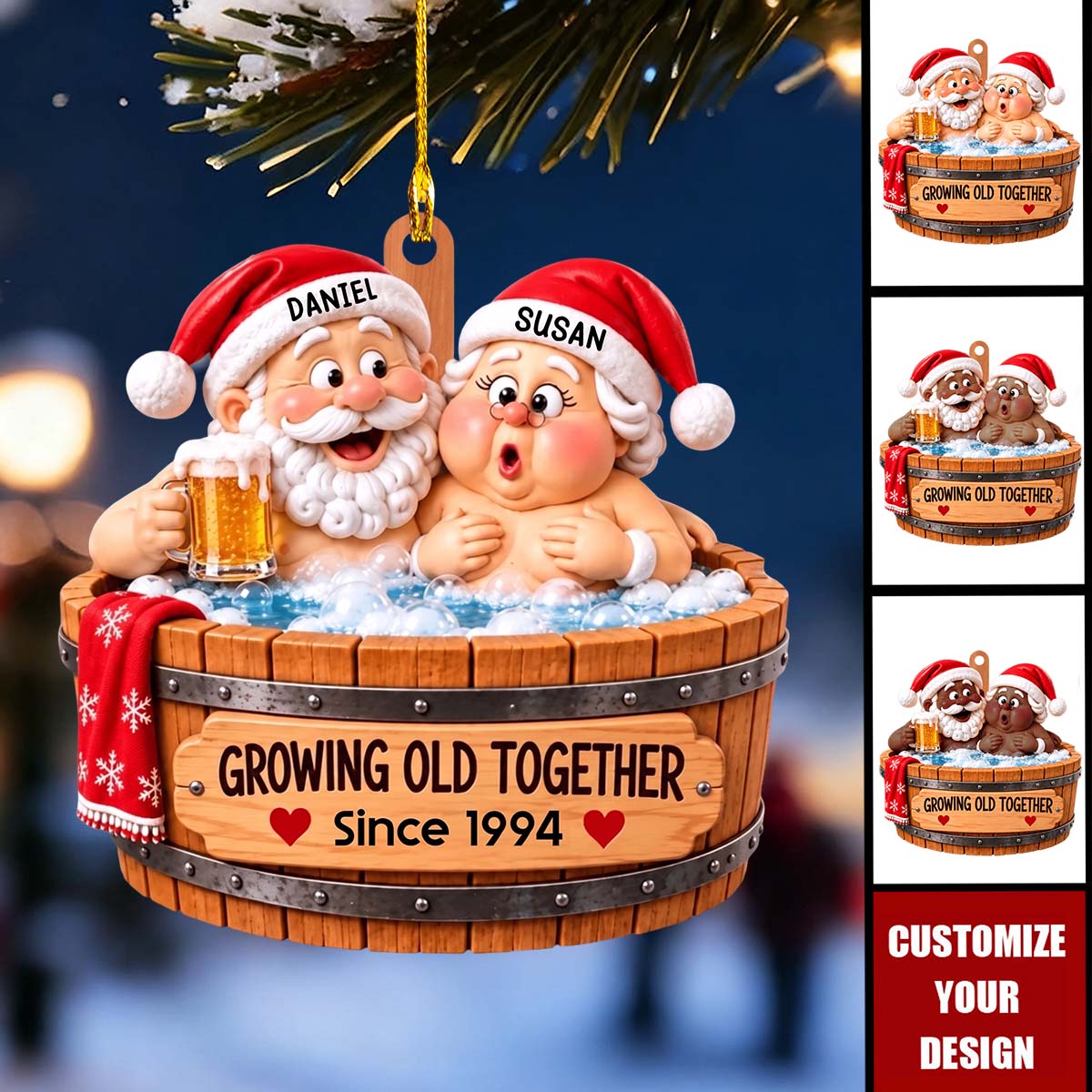 Couple Hot Tub Growing Old Together Christmas - Personalized Wood Ornament