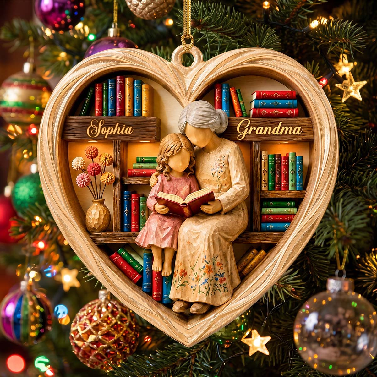 Personalized Grandma & Grandkid Reading Acrylic Ornament | Warm Christmas Gift