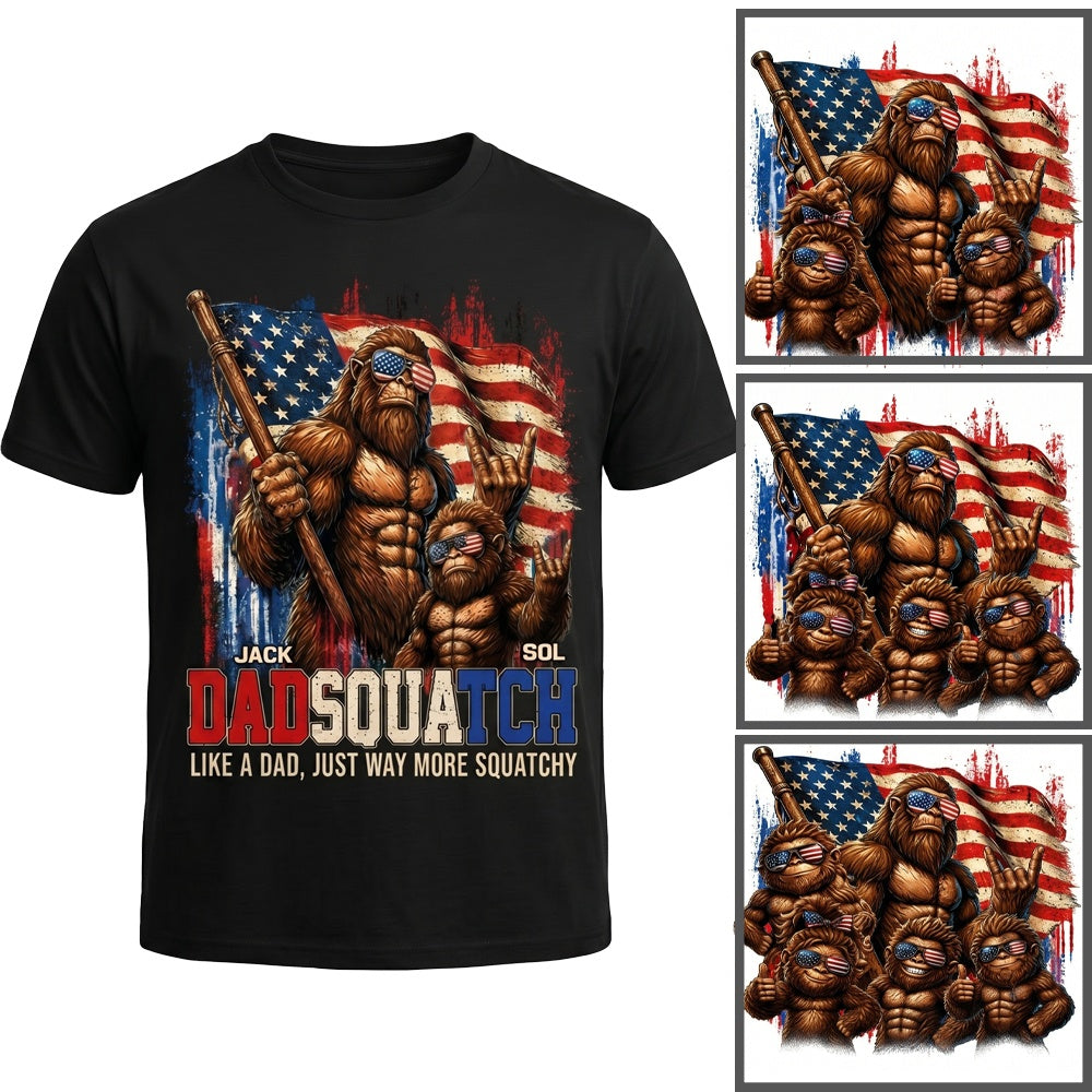 Personalized Names Dadsquatch T-Shirt With American Flag Bigfoot For Father's Day Gift
