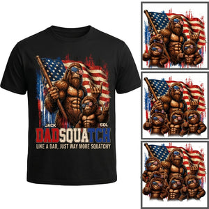 Personalized Names Dadsquatch T-Shirt With American Flag Bigfoot For Father's Day Gift