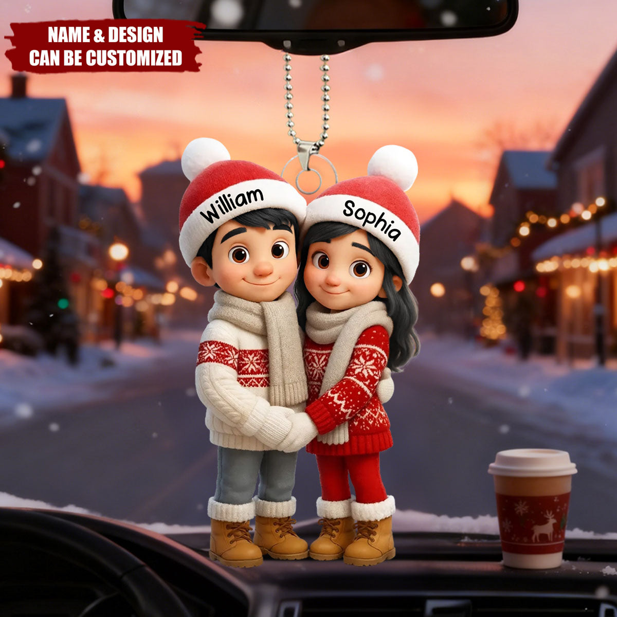 Personalized Cute Cartoon Couple Hug Car Ornament With Names & Winter Clothes Design - Heartfelt Car Christmas Gift For Couple