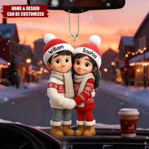 Personalized Cute Cartoon Couple Hug Car Ornament With Names & Winter Clothes Design - Heartfelt Car Christmas Gift For Couple