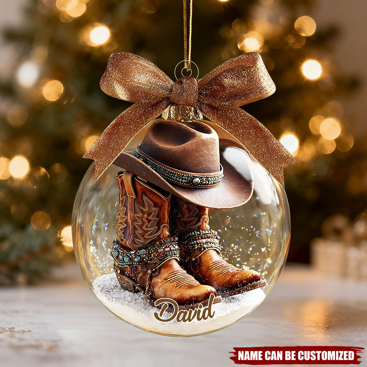 Personalized Western Style Brown Cowboy Boots Ornament With Name Hat & Bow Western Cowboy Passion Gifts For Him Her