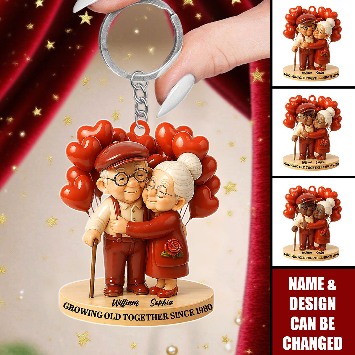 Personalized "Growing Old Together" Acrylic Keychain With Icons & Names & Year | Creative Anniversary Valentine's Day Gift For Grandparents & Couples