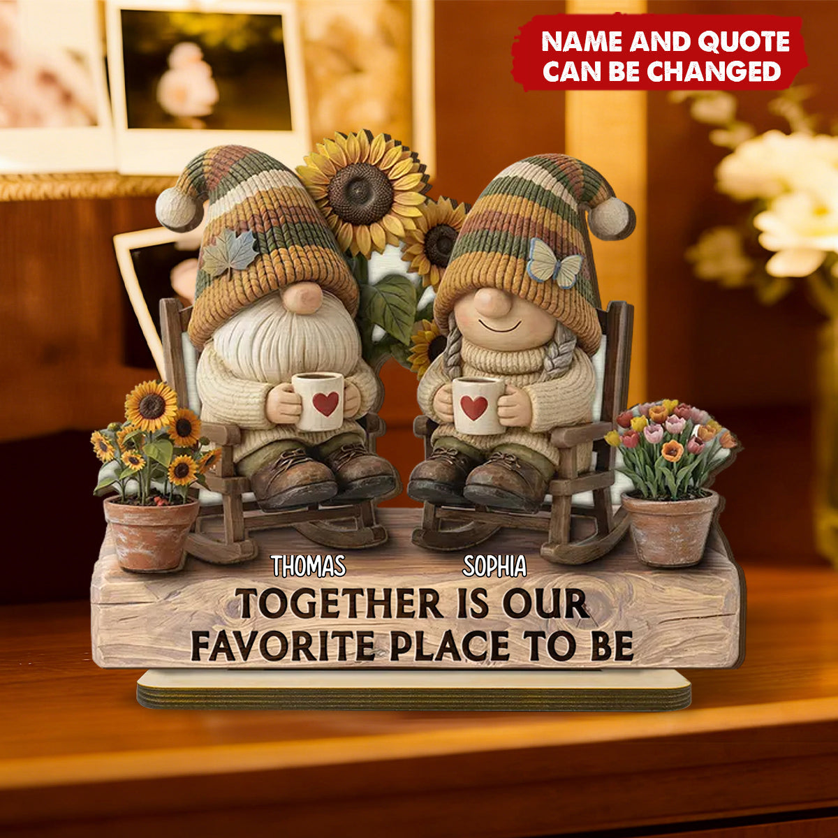 Personalized 3D Effect Gnome Couple Grow Old Together Wooden Plaque With Custom Names & Quote | Romantic Anniversary Gift For Couple Spouse