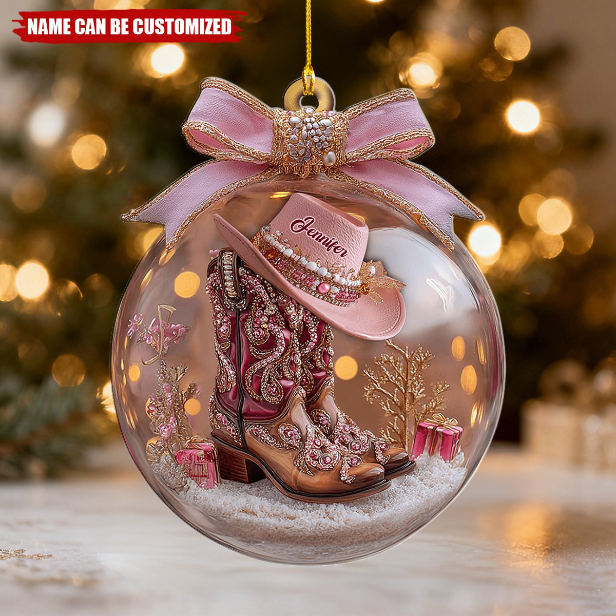 Personalized Western Style Cowgirl Boots Ornament With Name on Pink Hat & Bow Exclusive Christmas Surprise For Her