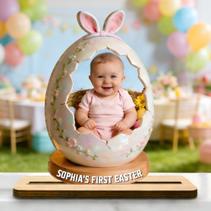 Personalized First Easter Photo Wood Plaque With Name | Gift For New Parents & Baby Lovers