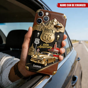 Personalized Route 66 100th Anniversary  Car Lover Leather Phone Case With Name | Vintage Birthday Father’s Day Gift For Car Lovers Dads Adventurers
