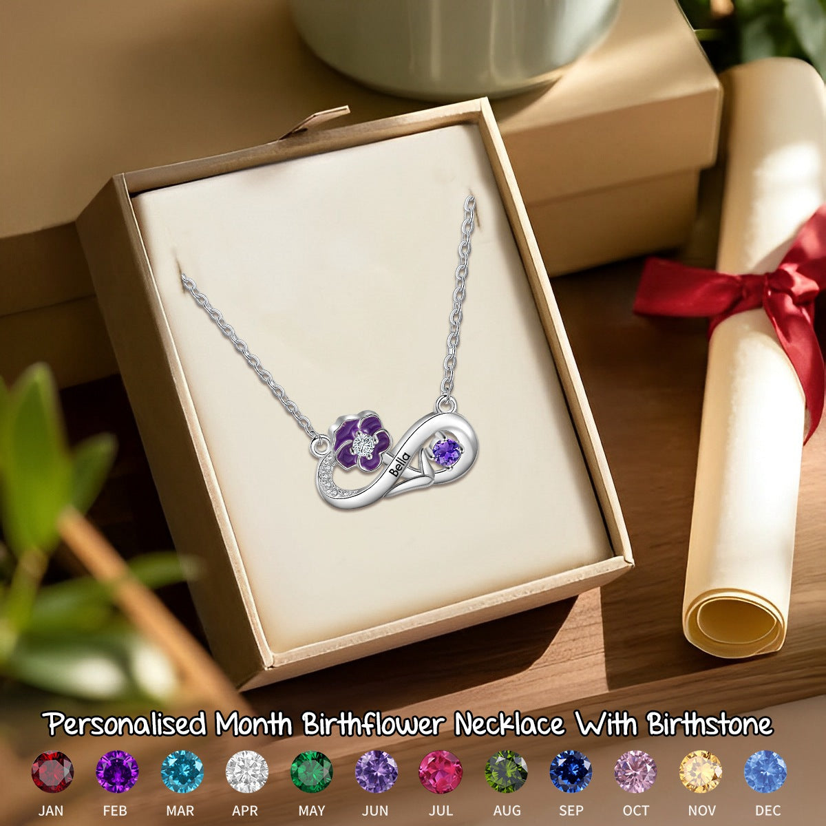 Personalised Month Birthflower Necklace With Birthstone,Mother's Day Gift