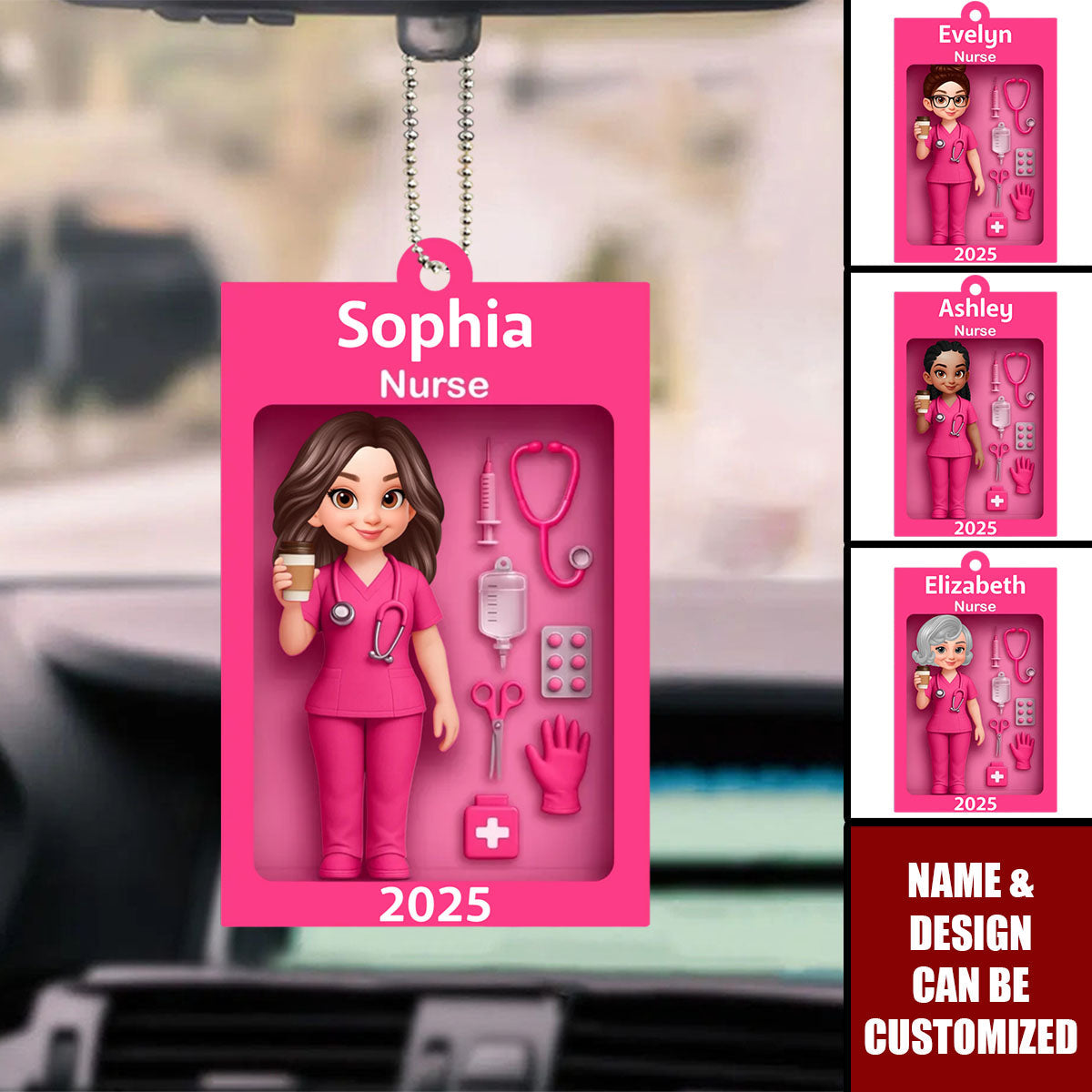 Personalized 3D Effect Pink Nurse In Toy Box Acrylic Ornament With Name & Date &Icons - Nurse Appreciation Gift For Co-worker And Nurse