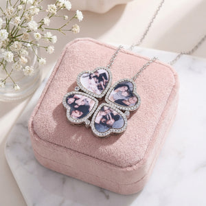 Personalized 4 Heart Leaf Clover Photo Necklace | Birthday Mother's Day Anniversary Gift For Mom Couple