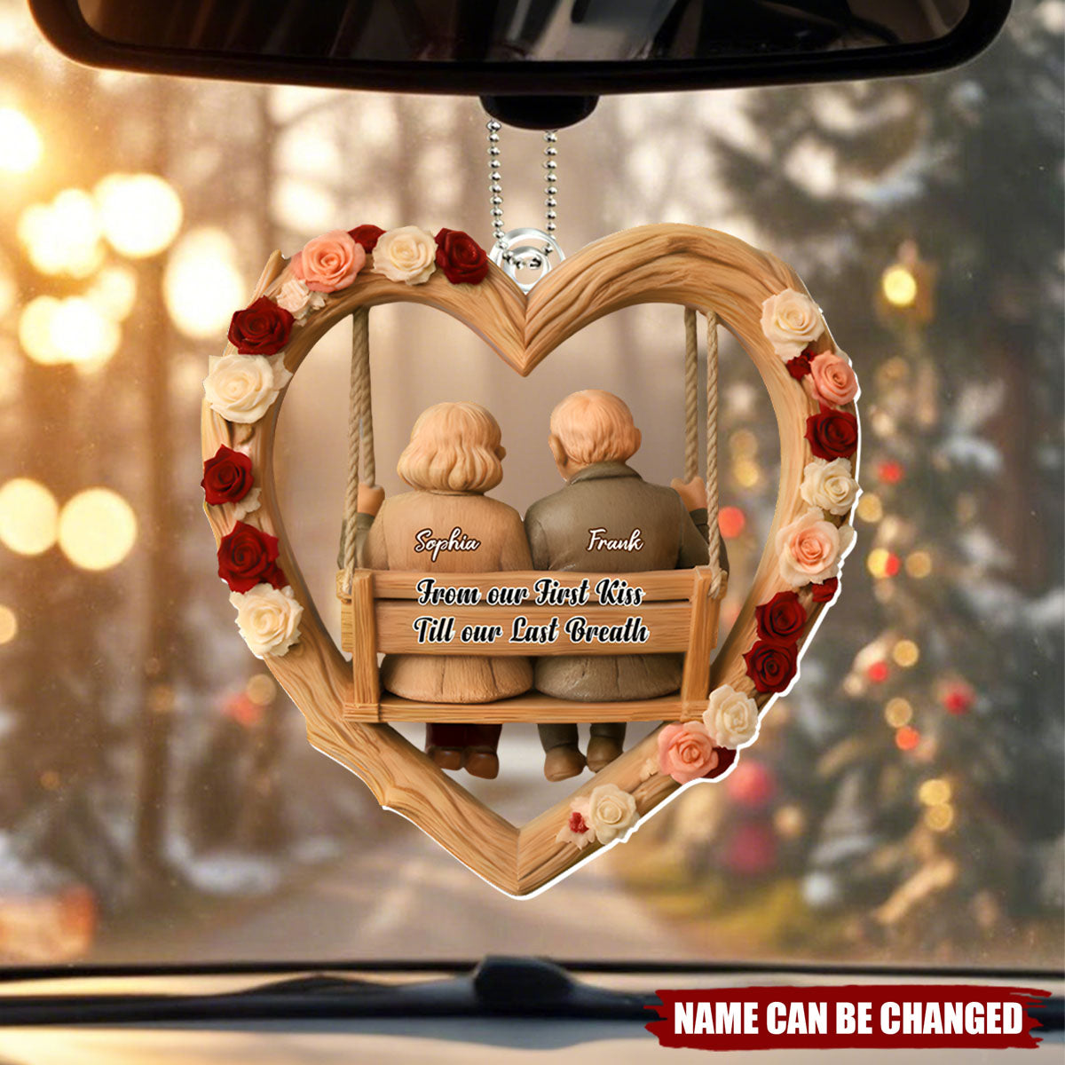 Personalized 3D Effect "First Kiss Till Our Last Breath" Car Ornament With Names | Romantic Anniversary Valentine's Day Gift For Husband Wife Couples