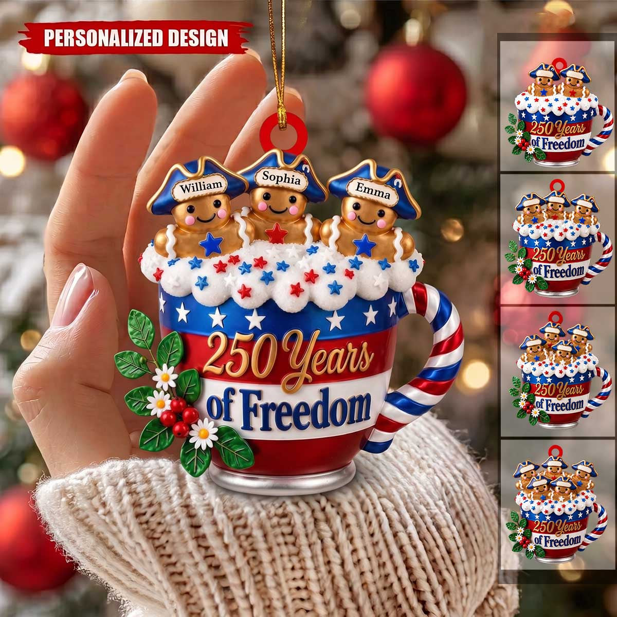 Personalized 250 Years Of Freedom Gingerbread Family Acrylic Ornament | Christmas & 250th USA Gift