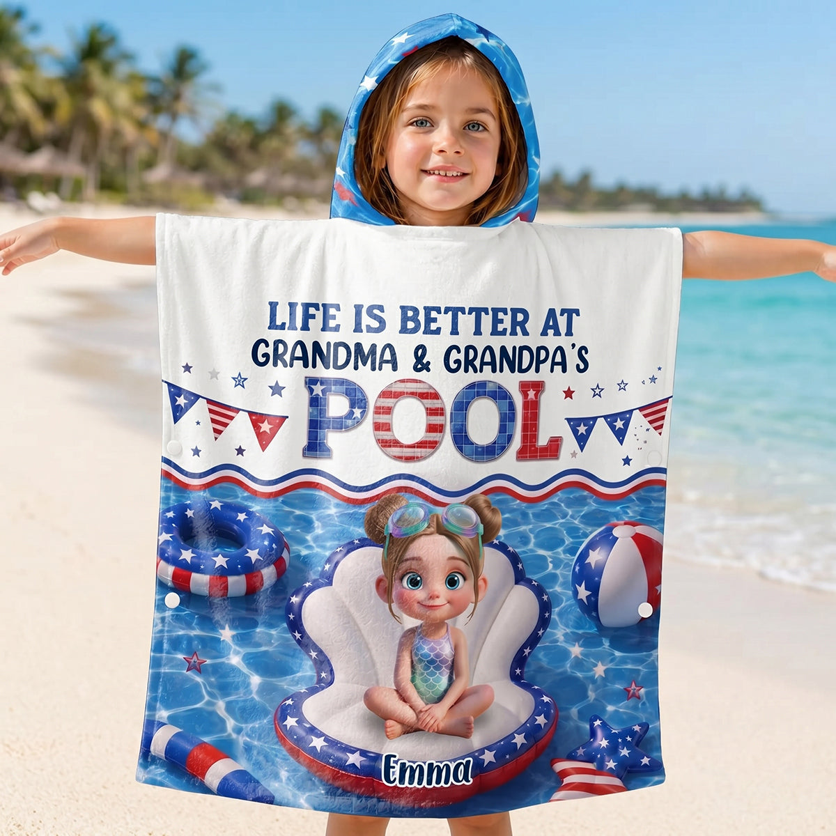 Personalized Kids Hooded Beach Towel With "Life Is Better At Grandma Pool" | Kids 4th Of July Pool Gift