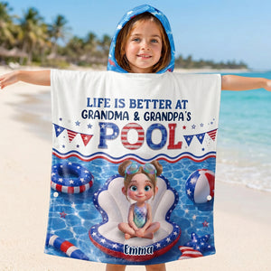 Personalized Kids Hooded Beach Towel With "Life Is Better At Grandma Pool" | Kids 4th Of July Pool Gift