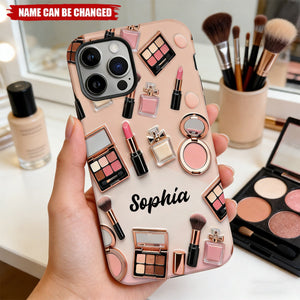 Personalized Makeup Tools Pattern Phone Case With Name - Stylish Makeup Artist Birthday Keepsake Gift For Girlfriend & Beauty Lovers