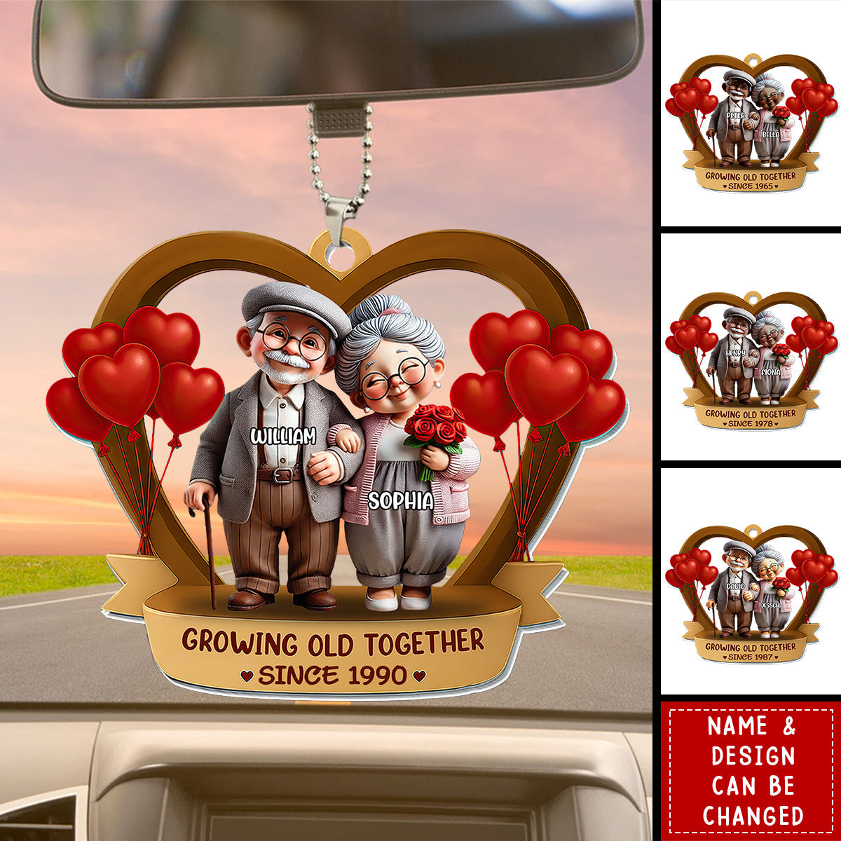 Personalized "Growing Old Together" Old Couple With Heart Balloons Ornament With Icon & Name - Anniversary Valentine's Day Gift For Couples