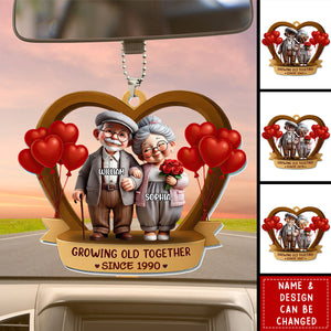 Personalized "Growing Old Together" Old Couple With Heart Balloons Ornament With Icon & Name - Anniversary Valentine's Day Gift For Couples