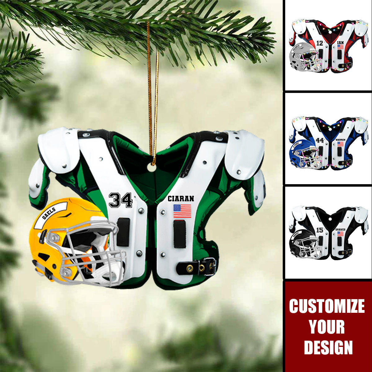 Personalized American Football Shoulder Pads and Helmet Ornament With Name & Number Color Design Ultimate Collection For Sport Lovers