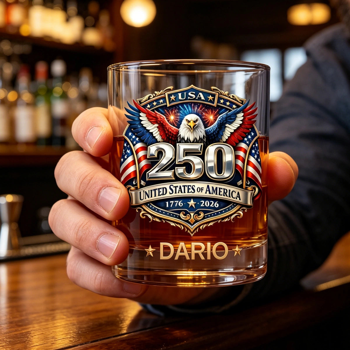 Personalized Patriotic 1776-2026 Whiskey Glass With Name - 250th Anniversary Father's Day Gift For Him