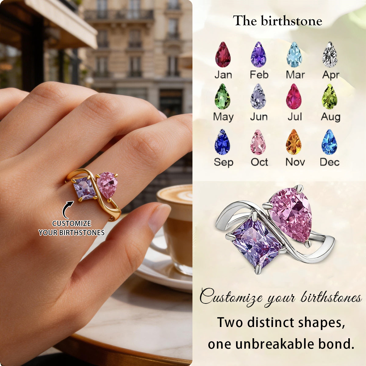 Mother & Daughter Double Birthstones Infinity Bonds Ring