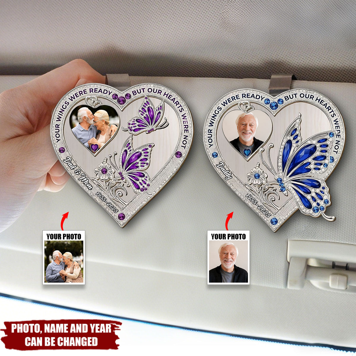 Personalized Memorial Wing Car Visor Clip With Photo & Names & Year | Heart-Shaped Guardian Angel Tribute Bereavement Gift For Grieving Family