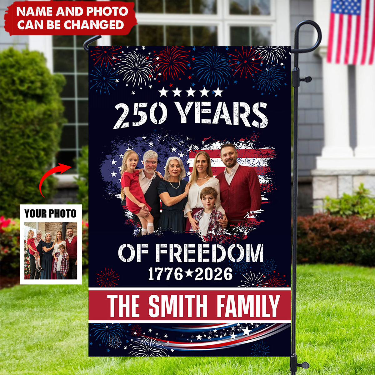 Personalized Celebrate 250 Years Of America Garden Flag With Family Photo & Name | Creative Semiquincentennial Celebration Gift For Patriots Families