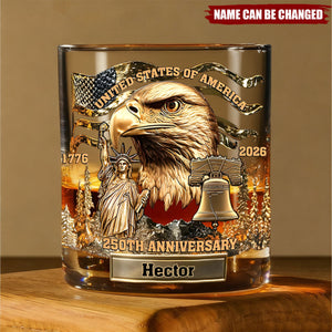 Personalized 250th Anniversary Vintage Whiskey Glass With Name & Bald Eagle - Independence Day Father's Day Gift For Grandpa Or Dad