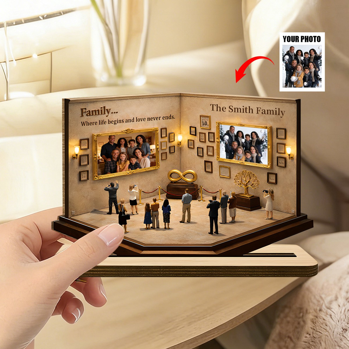 Personalized 3D Effect Family Museum Photo Display Wood Plaque With Names - Ideal Gift For Family