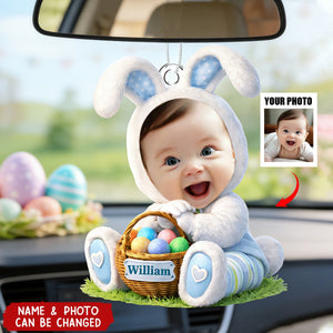 Personalized Easter Bunny Kid Car Ornament With Photo & Name | Cute 2026 Spring Gifts For Kids